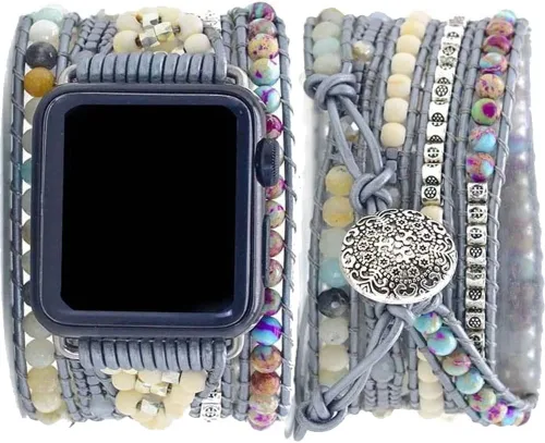Vista 22 de Correa de reloj de cuerda trenzada con cuentas, estilo bohemio, gira 5 veces, múltiples capas, compatible con reloj Apple Watch de 45 mm, 41 mm, 44