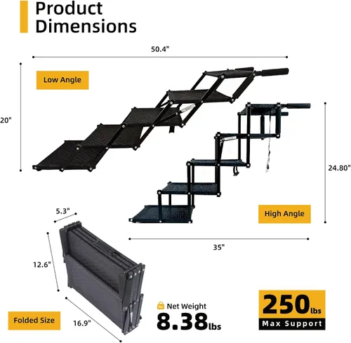Vista 7 de Dog Stairs - Rampa plegable para perros de 5 escalones con superficie antideslizante, escalones portátiles para perros, SUV y camiones, soporta