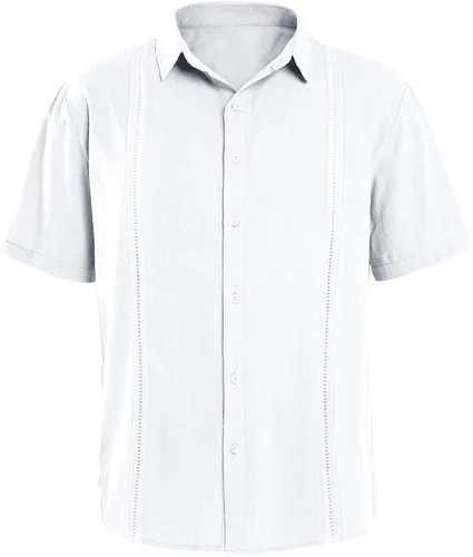 Vista 3 de Hestenve Camisa de manga corta para hombre estilo guayabera de lino algodón hippie playa con botones