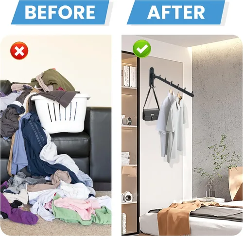 Vista 9 de Percheros para colgar ropa, perchereros de ropa montados en la pared, ganchos para colgar ropa, barras para ropa, ganchos resistentes, plegables