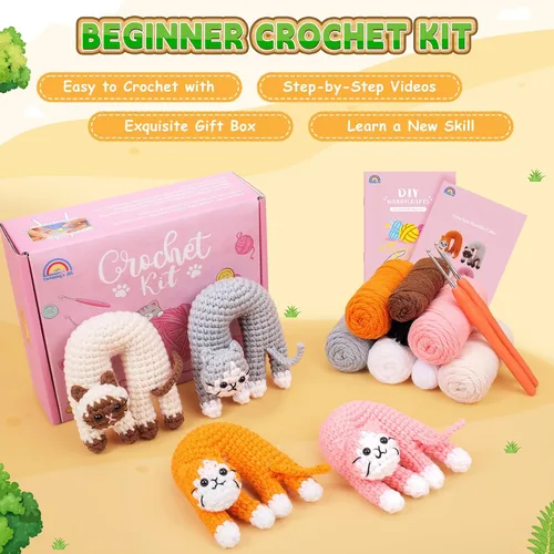 Vista 6 de Fortuning's JDS Kit de ganchillo para principiantes, paquete de 4 divertidos kits de ganchillo para gatos, kit de ganchillo para principiantes