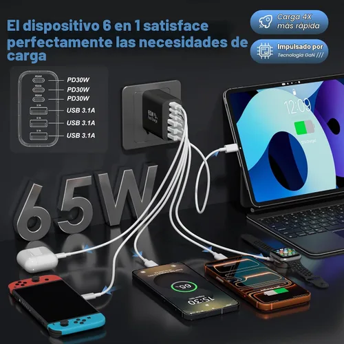 Vista 2 de Bloque de carga USB C, 65 W, 6 puertos, bloque de carga USBC, cargador de pared, cargador de iPhone, carga rápida, multipuerto tipo C, PD+QC Negro