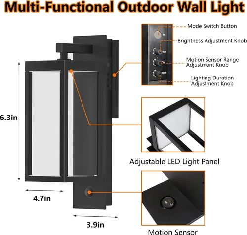 Vista 7 de Lámpara de pared para exteriores del atardecer al amanecer con LED integrado, 3 modos ajustables, todo de aluminio impermeable IP65 - Lámpara