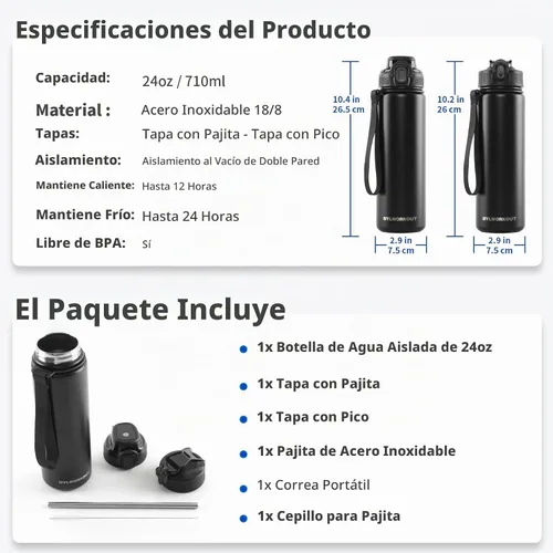 Vista 4 de BYLWORKOUT Botella de agua aislada de 24 onzas con pajilla, 2 tapas, a