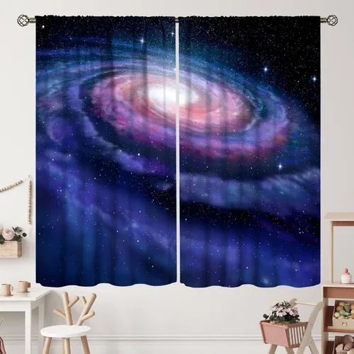 Vista 26 de Cortinas de planeta galaxia, espacio exterior, universo, nebulosa, estrellas, cielo estrellado, con bolsillo para cortinero, para sala de estar