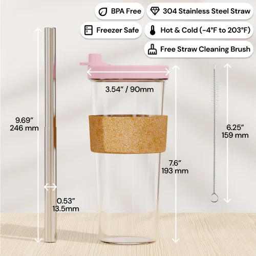 Vista 3 de Dodoko Vaso Boba reutilizable con pajilla, vaso para café helado y batido, de 24 onzas, rosa burbuja
