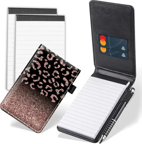 Vista 20 de Juego de 4 mini bloc de notas de bolsillo, diseño de corazón de dinosaurio, funda de piel sintética, soporte para notas con 2 ranuras para tarjetas