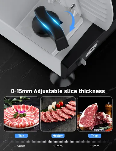 Vista 3 de Cortadora de Carne, TOKASS Cortadora Eléctrica de Alimentos Deli de 200W con 2 Cuchillas Removibles de Acero Inoxidable de 7.5'', Cortadora de Carne
