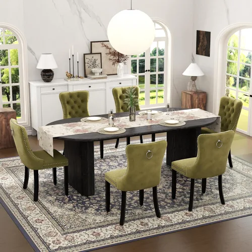 Vista 34 de Juego de mesa de comedor ovalada extensible con 4 sillas tapizadas de terciopelo de alta gama, mesa de cocina de 59 a 91 pulgadas y sillas