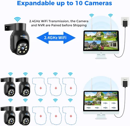 Vista 8 de Hiseeu Sistema de cámara de seguridad inalámbrico, todo en uno con monitor LCD de 15 pulgadas, NVR de 10 canales, 4 unidades de cámara PTZ de 5 MP