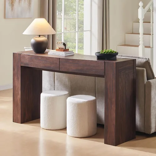 Vista 6 de OKD Moderna mesa consola de entrada, mesa de sofá con cajones, mesa de pasillo de 63 pulgadas de largo detrás del sofá, diseño de madera gruesa