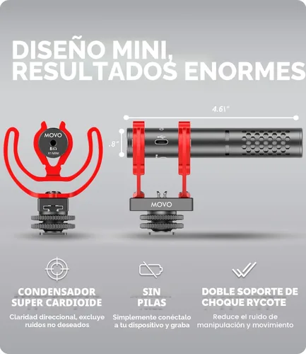 Vista 2 de Movo X1-Mini - Micrófono de video tipo escopeta para cámara - Micrófono de cámara analógico/digital de 3.5mm/USB-C supercardioide para DSLR, iPhone