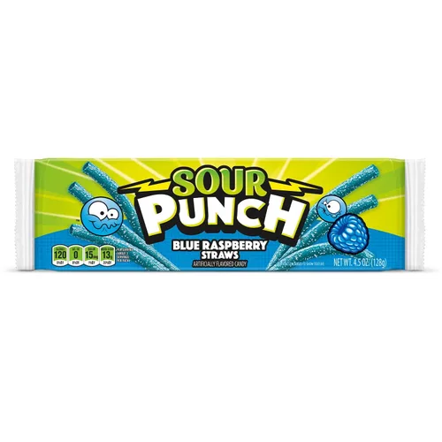 Vista 13 de Sour Punch Pajitas, dulces masticables suaves con sabor agridulce, bandeja, frambuesa azul, 2 onzas (paquete de 24)
