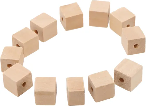 Vista 4 de SINJEUN 500 cubos de madera de 1/2 pulgada con agujeros, bloques de madera maciza sin terminar, cuentas cuadradas de madera, pequeños bloques