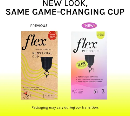 Vista 2 de Kit de inicio de copa menstrual FLEX (ajuste delgado - Tamaño 01) Copa menstrual reutilizable + 2 discos menstruales gratis Tira de extracción