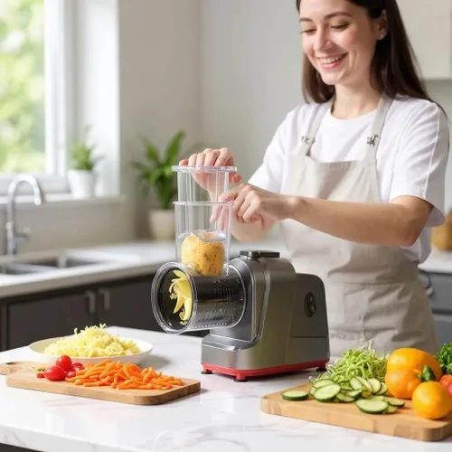 Vista 6 de Rallador eléctrico de queso 5 en 1 - Cortadora y trituradora eléctrica multifunción para queso, verduras, nueces y más - Potente motor de 150 W