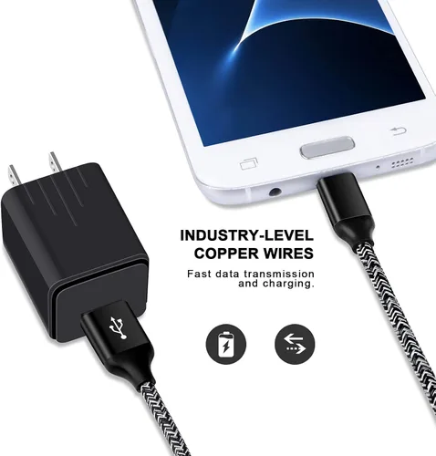 Vista 4 de Samsung Galaxy S6 S7 J3 J7 Note 5, LG Stylo 2 3 Plus, tableta, Kindle Fire cable de carga micro USB de 6 pies con carga rápida y enchufe de bloque