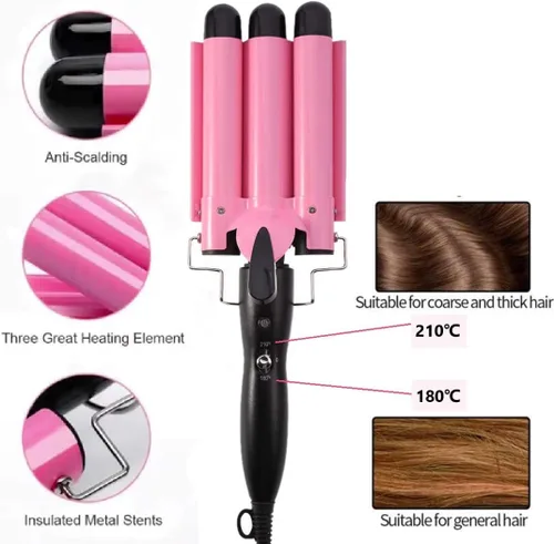 Vista 4 de MODVICA varita de rizar de 3 cilindros 26mm ondulador de pelo temperatura ajustable rizador de pelo de cerámica (rosa)