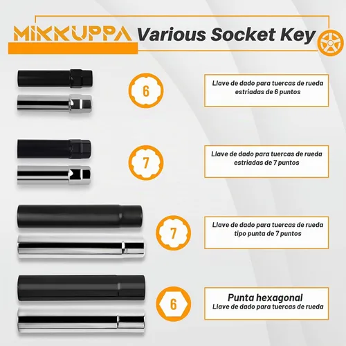 Vista 6 de Llave para Tuercas de Llanta MIKKUPPA - Juego de Tuercas de Bloqueo con 19mm de Hexágono, Herramienta de Reemplazo Universal para Tuercas de Bloqueo