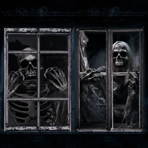Vista 11 de Newwiee - 2 cortinas de Halloween aterradoras con silueta para ventana, decoración, póster temático para interiores y exteriores, fiestas, paredes