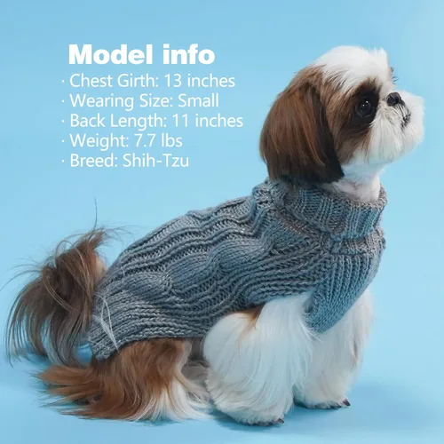 Vista 6 de KYEESE Suéteres para perros pequeños, cuello alto, suéter de punto trenzado para mascotas con hilo dorado para clima frío, gris, talla M
