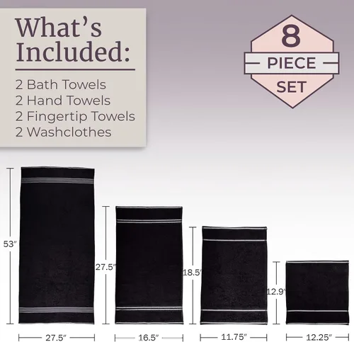 Vista 4 de Lavish Home Juego de toallas de baño de 8 piezas, 575 GSM, 100% algodón, esenciales de baño con 2 toallas de baño, 2 paños de mano, 2 paños
