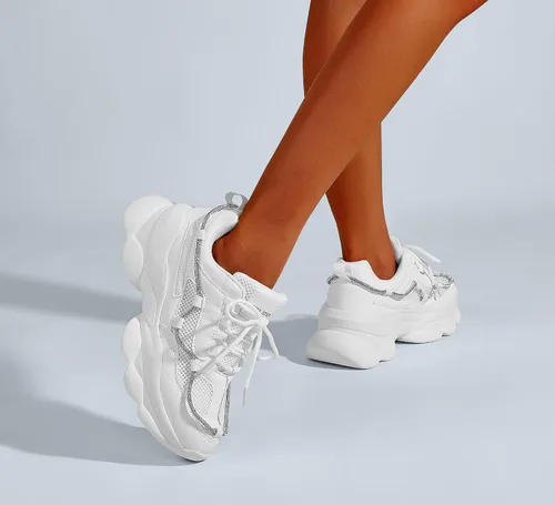Vista 8 de LUCKY STEP Zapatos deportivos gruesos de los años 90 para mujer, con plataforma de cuerda con diamantes de imitación brillantes, casuales, gruesos