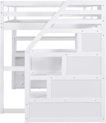 Vista 5 de Quarte Cama alta multifuncional, cama alta tamaño matrimonial con escritorio integrado y estantes de almacenamiento, dos cajones y escalera