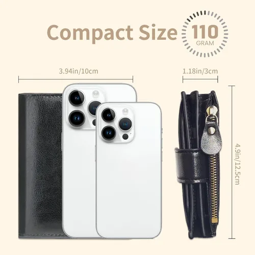 Vista 5 de Cartera pequeña de piel auténtica para mujer, con bloqueo RFID, con ventana de identificación de bolsillo, Negro -, Classic