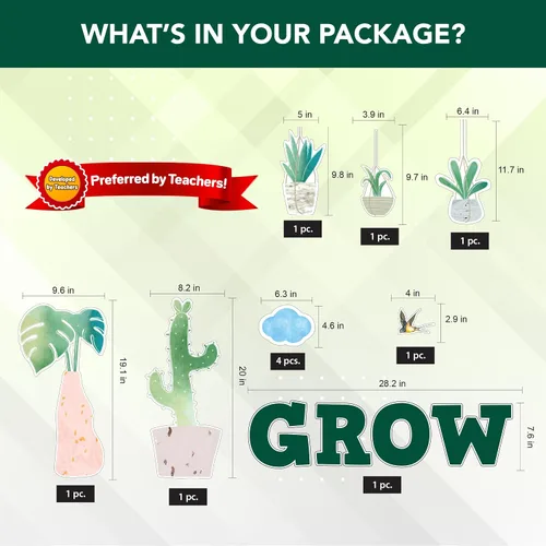 Vista 4 de Decorably 53 piezas de recortes inspiradores de cactus con bordes – Cartulina laminada brillante We Grow Together Decoración de aula para pasillos