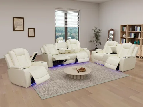 Vista 27 de Juego de sofá reclinable eléctrico, seccional de cuero transpirable beige, juego de muebles de sala de estar, 2 piezas, sofá reclinable eléctrico