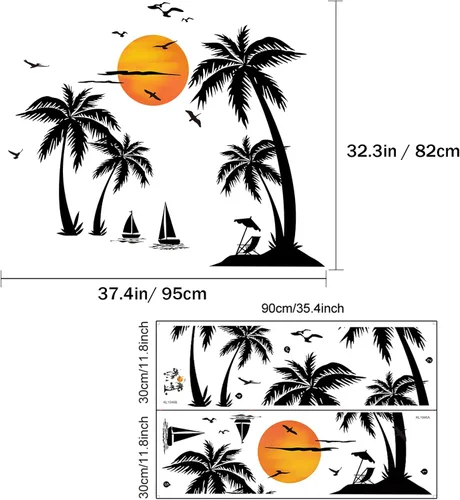 Vista 2 de Calcomanías de pared grandes de palmera negra, calcomanías de pared de pájaros tropicales de cocotero, mural de bosque para dormitorio, sala
