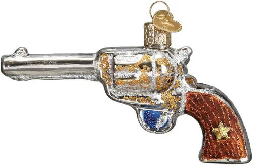 Vista 3 de Old World Christmas Western Revolver - Adorno de cristal soplado para árbol de Navidad, decoración navideña hecha a mano, colección occidental
