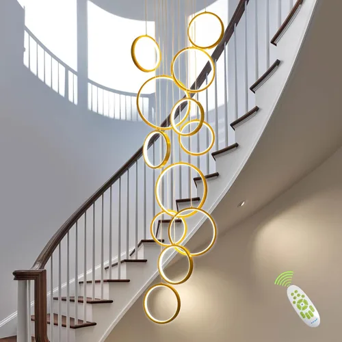Vista 11 de Candelabro moderno para entrada para techos altos, lámpara moderna regulable dorada para escalera, de lujo, techo alto, lámpara colgante LED