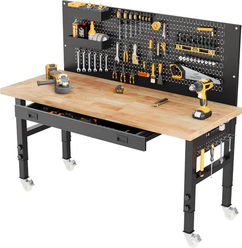 Vista 8 de Banco de trabajo resistente de 60 pulgadas, banco de trabajo de capacidad de carga de 2500 libras con parte superior de madera laminada de 1.2