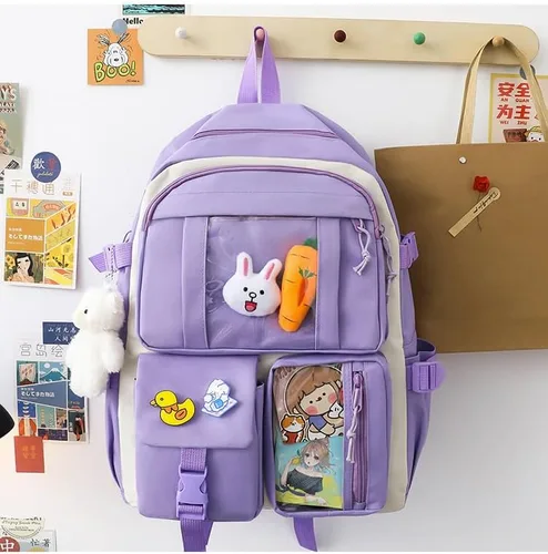 Vista 6 de Mochila Kawaii con colgantes y alfileres Kawaii, juego de 5 piezas para adolescentes y niñas, mochila escolar linda mochila estética, B1