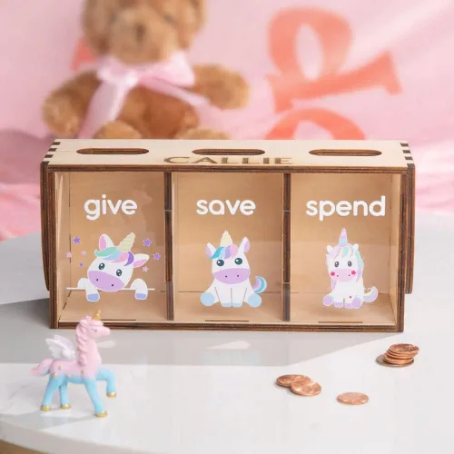 Vista 4 de Give Save Gastar Kids Teach Money Bank Nombre personalizado con dinosaurios o unicornio Banco de enseñanza para niños Caja de ahorros personalizada