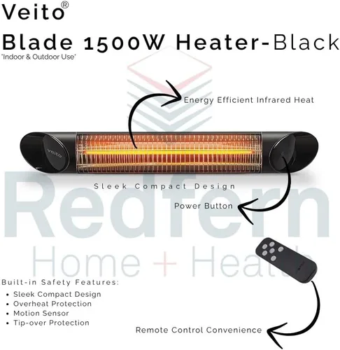Vista 6 de Veito Blade Calentadores 1500W (Negro) IP55 weatherproof carbon infrared heater with remote. Premium indoor & outdoor wall mount for patios, homes