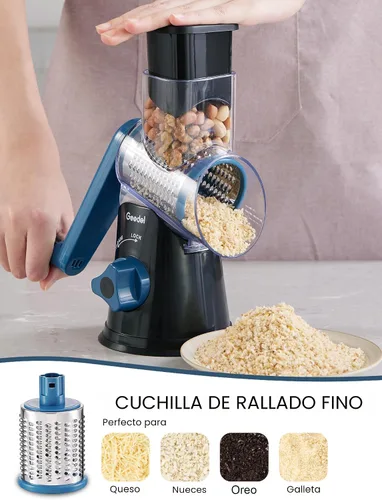 Vista 5 de Geedel Rallador rotativo de queso, cortador de verduras de mandolina de cocina con 3 cuchillas intercambiables, fácil de limpiar, rallador giratorio