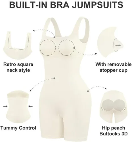 Vista 3 de Popilush Long Sleeve Jumpsuit for Women Built-In Bra Seamless Ribbed Square Neck Full Length Bodycon Romper Jumpsuits
