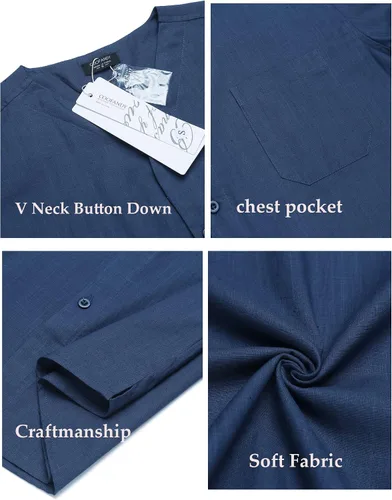 Vista 5 de COOFANDY Men's Cotton Linen Shirt V Neck Short Sleeve Button Down Beach Summer Shirts
