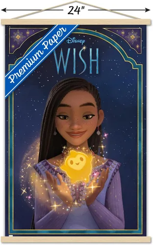 Vista 3 de Trends International Disney Wish - Póster de pared de Asha & Star, 22.37 x 34.00 pulgadas, paquete de impresión premium y colgador de madera de haya