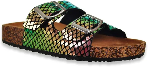 Vista 3 de Olivia Miller Zapatos para niños, Bailando Piel de Serpiente Sirena Doble Hebilla Plantilla Doble Correa Niñas Sandalias de Diapositiva Planas