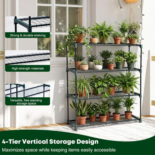 Vista 4 de Panana Estantería de acero para invernadero de jardín de 4 niveles, soporte para plantas, unidad de estantería de jardín, estante de almacenamiento