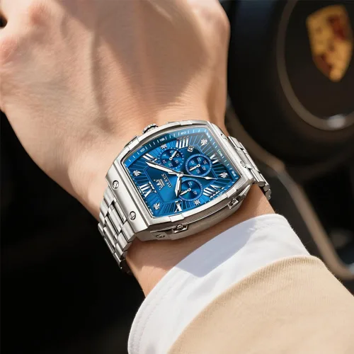 Vista 4 de OLEVS Relojes para Hombres Cronógrafo Impermeable Cara Rectangular Fase Lunar Correa de Acero Inoxidable Relojes de Vestir para Hombres Luminoso