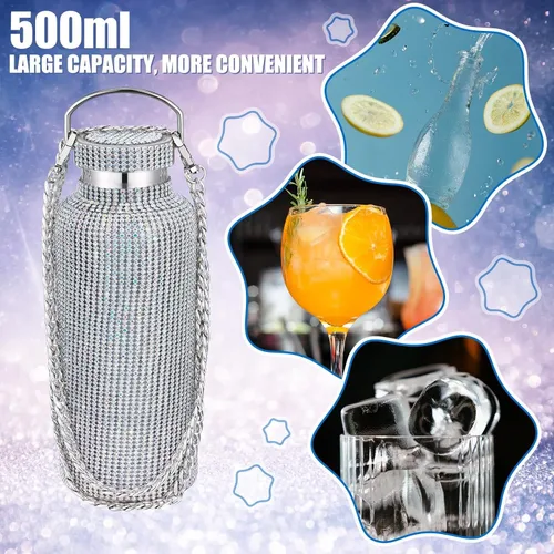 Vista 4 de Geiserailie Botella de agua con diamantes de imitación de acero inoxidable, térmica, recargable, aislada, con cadena, para mujeres y niñas