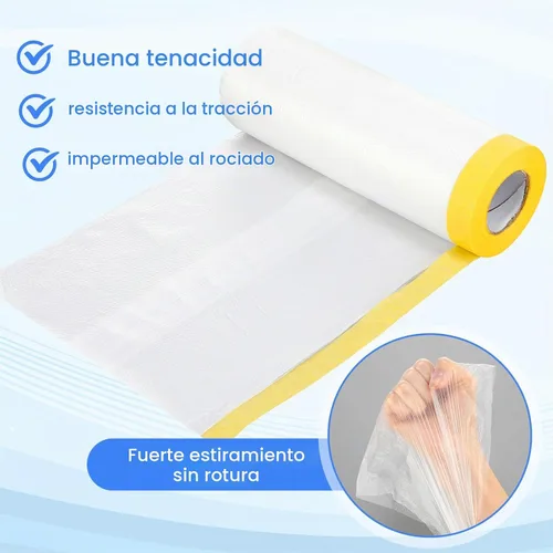 Vista 3 de Seajan 9 rollos de plástico con cinta adhesiva precintada para pintar pintura automotriz, película protectora, rollo de cinta adhesiva de plástico