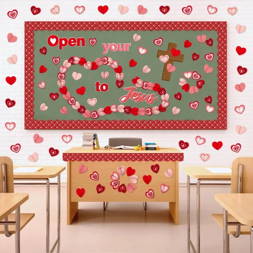 Vista 6 de CY2SIDE Juego de 99 piezas de recortes para tablón de anuncios, diseño de corazón rojo de Pascua, cruz plegable, etiquetas de nombre para la escuela