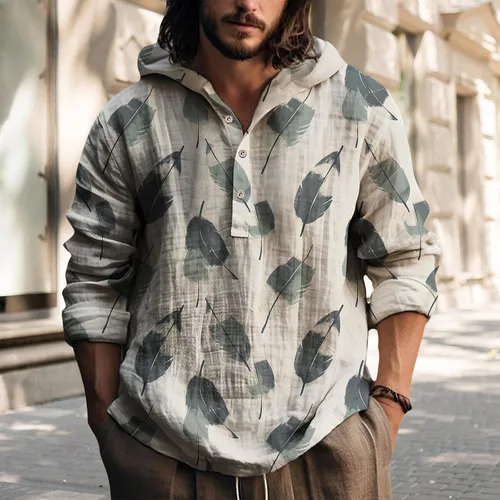 Vista 2 de Sudadera con capucha para hombre, estilo vintage, con estampado étnico, manga larga, 3 botones, con capucha, para otoño, a la moda, cómoda, retro