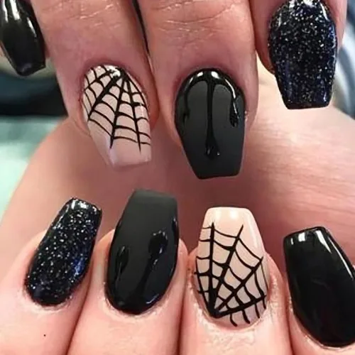 Vista 11 de Uñas postizas a presión para Halloween, cuadradas, cortas, con diseños de bosque lunar, uñas postizas con pegamento oscuro brillante en las uñas